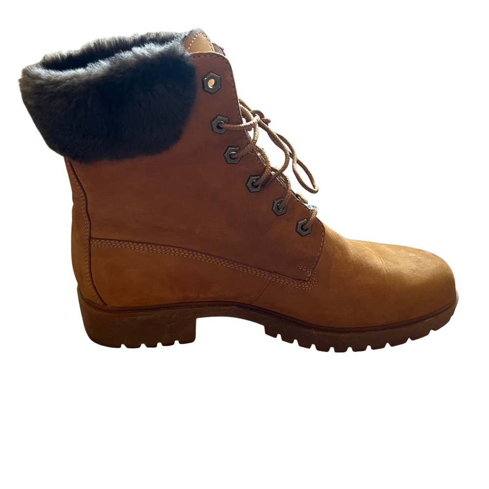 Timberland Wheat Nubuck Leather Faux Fur Trim Lace Up Boots Brown 6 Inch Style - Picture 7 of 12